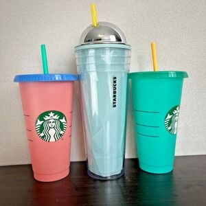 STARBUCKS Cold Drink Cup Lot 3 Pink‎ Green Grande Chiseled Prism Dome Venti
